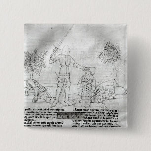 Arming a knight on a battlefield 15 cm square badge