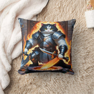 Armoured Cat Preparing for Battle in Fiery Setting Cushion
