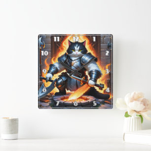 Armoured Cat Preparing for Battle in Fiery Setting Square Wall Clock