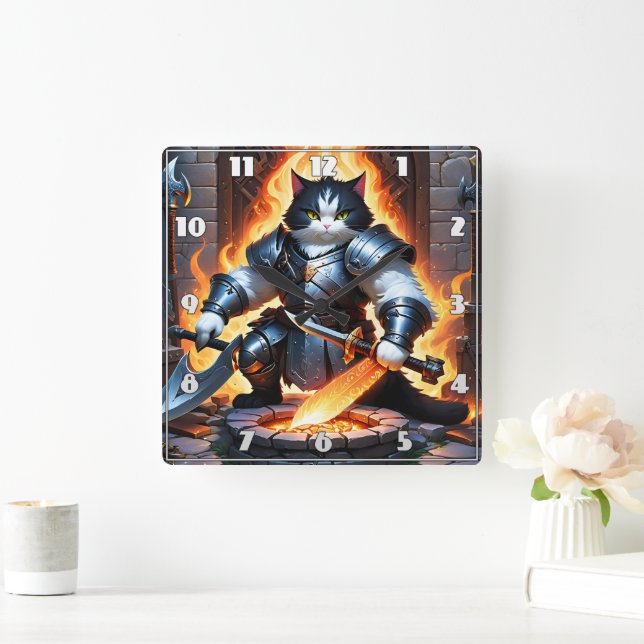 Armoured Cat Preparing for Battle in Fiery Setting Square Wall Clock (Home)
