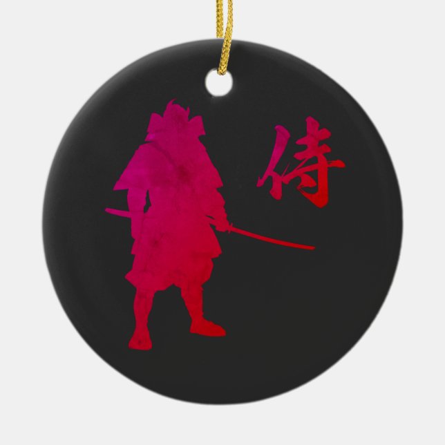 Armoured Samurai Warrior with Japanese Calligraphy Ceramic Tree Decoration (Front)