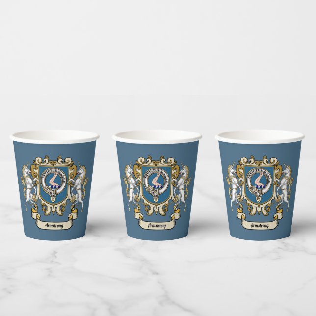 Armstrong Clan Badge Blue Personalised Paper Cups (Multi)