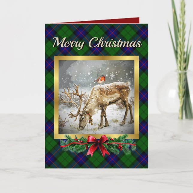 Armstrong Stag & Robin Tartan Personalised  Holiday Card (Front)