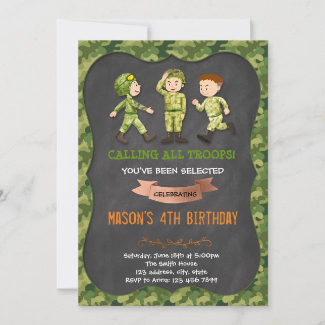 Army boy birthday party invitation (Front)