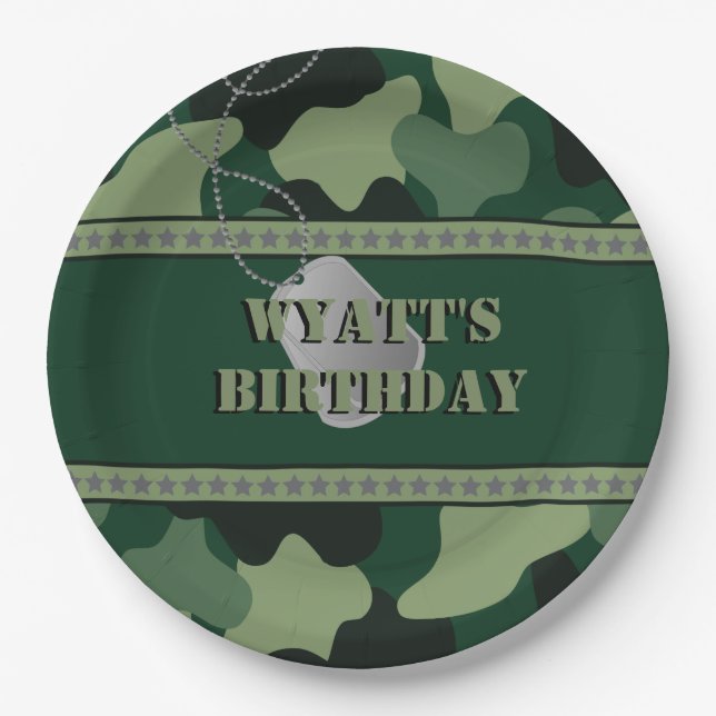 Army, Camo, Birthday 9 Inch Paper Plate (Front)
