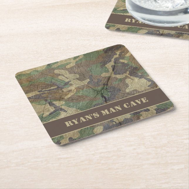Army Camo Wood Texture Camouflage Green Man Cave Square Paper Coaster (Angled)