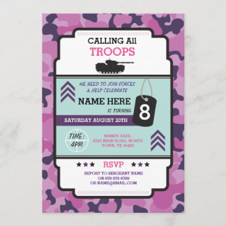 ARMY GIRL SOLDIER TROOP TANK INVITE BIRTHDAY PARTY