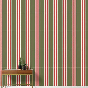 Army Green & Barn Red Double Rugby Stripe Wallpaper