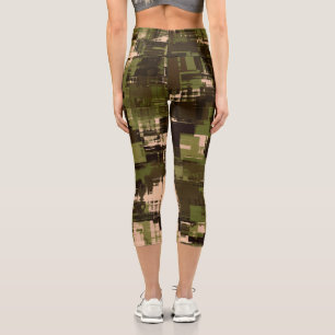 Army Green Brown Abstract Trendy Capri Leggings