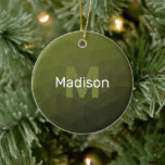 Army green geometric mesh pattern Monogram Cerami Ceramic Tree Decoration<br><div class="desc">Army green dark ombre geometric mesh pattern Monogram Ceramic Christmas tree Ornament. Monogram Personalise with your custom initial and name. Triangle geometric mesh with light dark Army green ombre gradient modern design.</div>