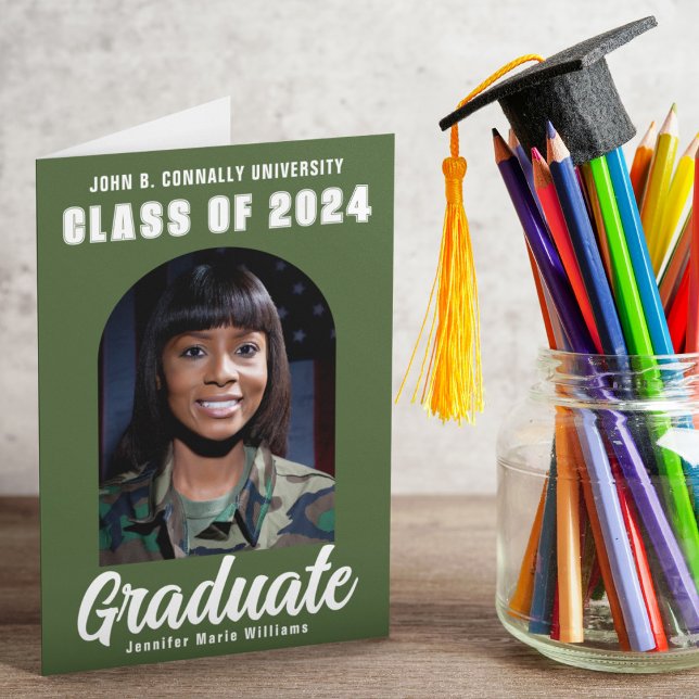 Army Green Graduate Photo Modern Folded Graduation Announcement (Creator Uploaded)
