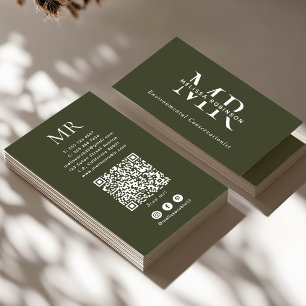 Army Green Monogram, QR Code & Social Media Simple Business Card
