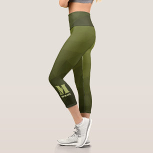 Army green olive geometric mesh pattern Monogram Capri Leggings