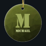 Army green olive geometric mesh pattern Monogram Ceramic Tree Decoration<br><div class="desc">Monogram Personalise gift for him with your custom initial and name. Army green olive gradient geometric mesh pattern. Army green gradient geometric mesh pattern triangles ombre. Army green dark olive hue for soldier gear, camo. It mimics natural military landscapes, toughness, endurance, resilience. Earthy undertones connect to nature, grounding. Symbolises military...</div>