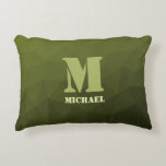 Army green olive geometric mesh pattern Monogram Decorative Cushion<br><div class="desc">Monogram Personalise gift for him with your custom initial and name. Army green olive gradient geometric mesh pattern. Army green gradient geometric mesh pattern triangles ombre. Army green dark olive hue for soldier gear, camo. It mimics natural military landscapes, toughness, endurance, resilience. Earthy undertones connect to nature, grounding. Symbolises military...</div>