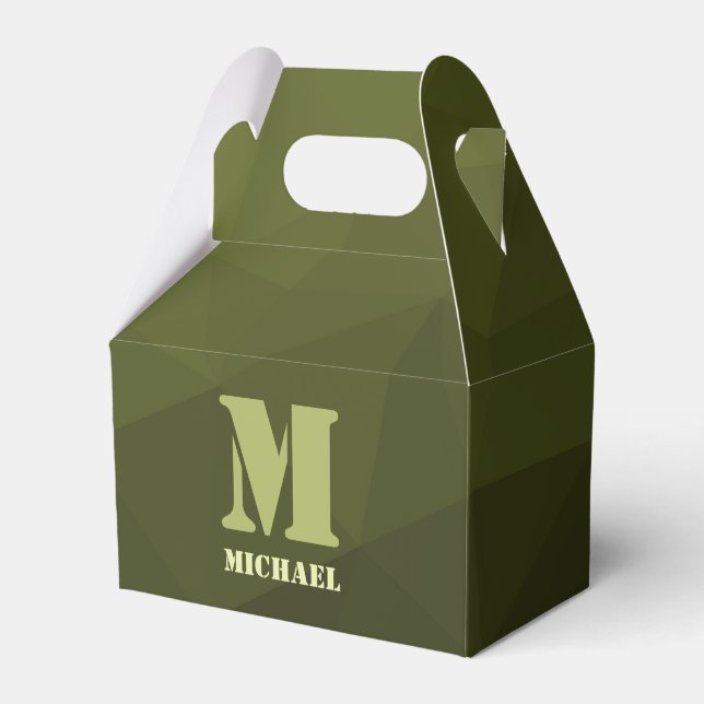 Army green olive geometric mesh pattern Monogram Favour Box (Front Side)
