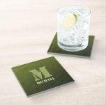 Army green olive geometric mesh pattern Monogram Glass Coaster<br><div class="desc">Monogram Personalise gift for him with your custom initial and name. Army green olive gradient geometric mesh pattern. Army green gradient geometric mesh pattern triangles ombre. Army green dark olive hue for soldier gear, camo. It mimics natural military landscapes, toughness, endurance, resilience. Earthy undertones connect to nature, grounding. Symbolises military...</div>
