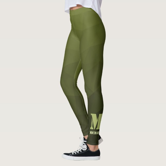 Army green olive geometric mesh pattern Monogram Leggings (Left)