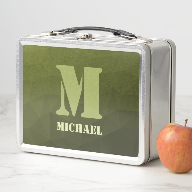 Army green olive geometric mesh pattern Monogram Metal Lunch Box (In Situ)