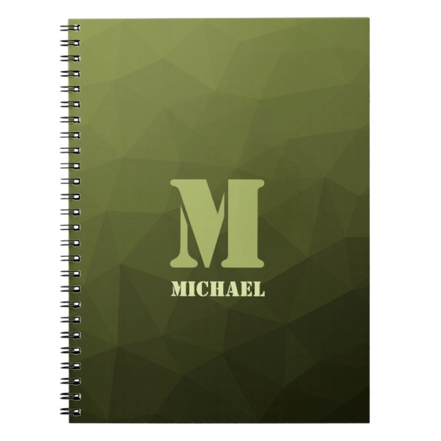 Army green olive geometric mesh pattern Monogram Notebook (Front)