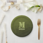 Army green olive geometric mesh pattern Monogram Paper Plate<br><div class="desc">Monogram Personalise gift for him with your custom initial and name. Army green olive gradient geometric mesh pattern. Army green gradient geometric mesh pattern triangles ombre. Army green dark olive hue for soldier gear, camo. It mimics natural military landscapes, toughness, endurance, resilience. Earthy undertones connect to nature, grounding. Symbolises military...</div>