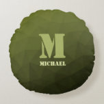 Army green olive geometric mesh pattern Monogram Round Cushion<br><div class="desc">Monogram Personalise gift for him with your custom initial and name. Army green olive gradient geometric mesh pattern. Army green gradient geometric mesh pattern triangles ombre. Army green dark olive hue for soldier gear, camo. It mimics natural military landscapes, toughness, endurance, resilience. Earthy undertones connect to nature, grounding. Symbolises military...</div>
