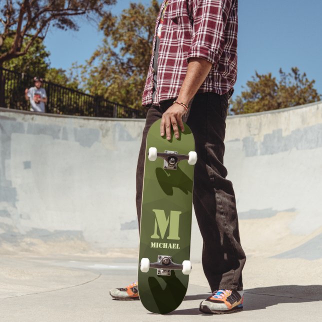 Army green olive geometric mesh pattern Monogram Skateboard (Outdoor 2)