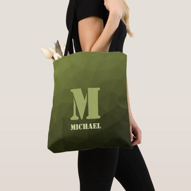 Army green olive geometric mesh pattern Monogram Tote Bag (Close Up)