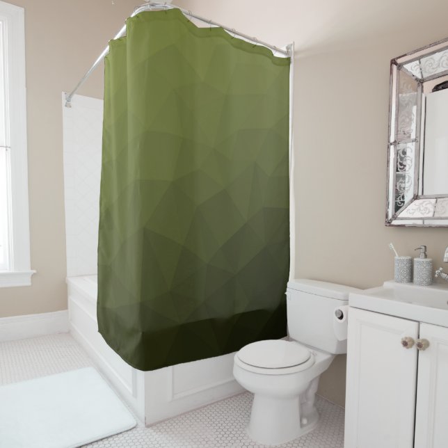 Army green olive gradient geometric mesh pattern shower curtain (In Situ)