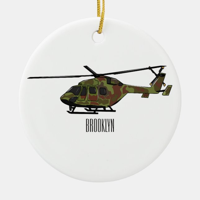Army helicopter cartoon illustration  ceramic tree decoration (Front)