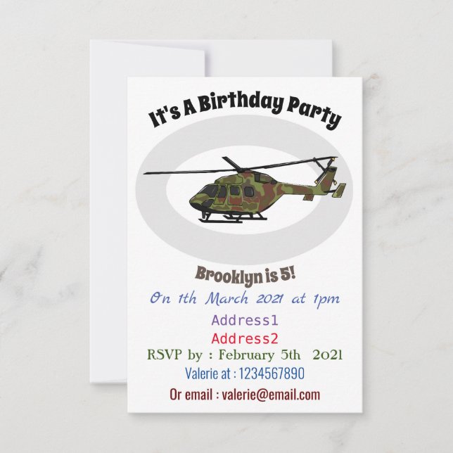Army helicopter cartoon illustration  invitation (Front)