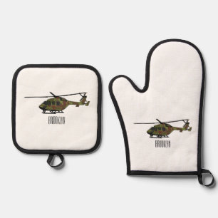Army helicopter cartoon illustration oven mitt & pot holder set