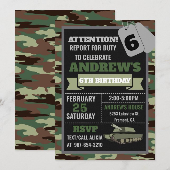 Army invitation, Camo military birthday invitation (Front/Back)