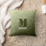Army light green geometric mesh pattern Monogram Cushion<br><div class="desc">Monogram Personalize with your custom initial and name. Army green gradient geometric mesh pattern triangles ombre. 
Triangle geometric mesh with light dark gray green ombre gradient. 
military,  army,  pattern,  ombre,  mesh,  triangles,  geometry,  geometric,  gradient,  cool,  triangle,  green</div>