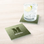 Army light green geometric mesh pattern Monogram Glass Coaster<br><div class="desc">Monogram Personalise with your custom initial and name. Army green gradient geometric mesh pattern triangles ombre. 
Triangle geometric mesh with light dark grey green ombre gradient. 
military,  army,  pattern,  ombre,  mesh,  triangles,  geometry,  geometric,  gradient,  cool,  triangle,  green</div>