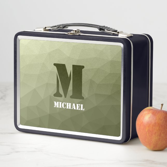 Army light green geometric mesh pattern Monogram Metal Lunch Box (In Situ)