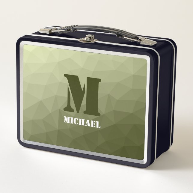 Army light green geometric mesh pattern Monogram Metal Lunch Box (Front)