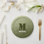 Army light green geometric mesh pattern Monogram Paper Plate<br><div class="desc">Monogram Personalise with your custom initial and name. Army green gradient geometric mesh pattern triangles ombre. 
Triangle geometric mesh with light dark grey green ombre gradient. 
military,  army,  pattern,  ombre,  mesh,  triangles,  geometry,  geometric,  gradient,  cool,  triangle,  green</div>