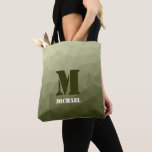 Army light green geometric mesh pattern Monogram Tote Bag<br><div class="desc">Monogram Personalise with your custom initial and name. Army green gradient geometric mesh pattern triangles ombre. 
Triangle geometric mesh with light dark grey green ombre gradient. 
military,  army,  pattern,  ombre,  mesh,  triangles,  geometry,  geometric,  gradient,  cool,  triangle,  green</div>