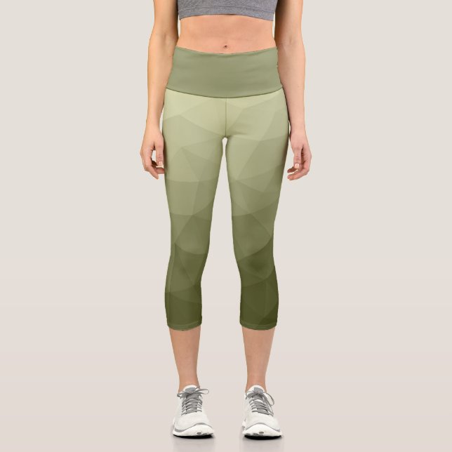Army light green gradient geometric mesh pattern capri leggings (Front)