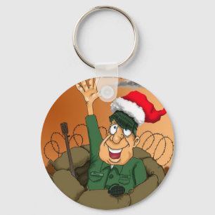 Army Man Waving with Santa Hat Key Ring