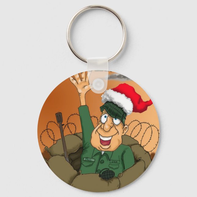 Army Man Waving with Santa Hat Key Ring (Front)