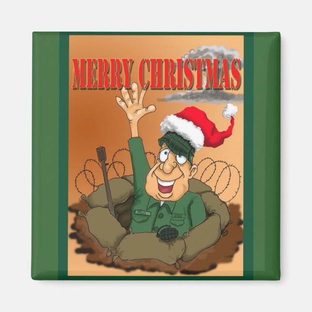 Army Man Waving with Santa Hat Magnet (Front)