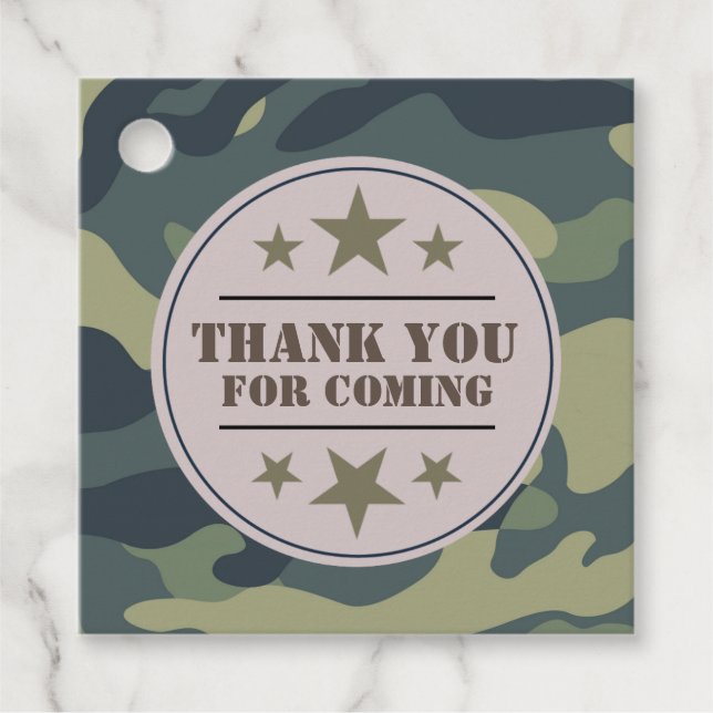 Army party favor tag, camouflage tag (Front)
