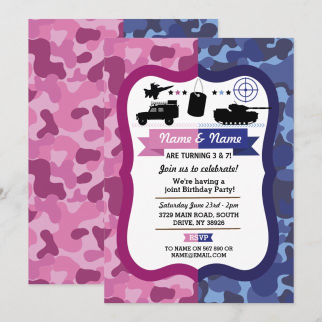 Army Pink & Blue Girls & Boys Birthday Party Invitation (Front/Back)