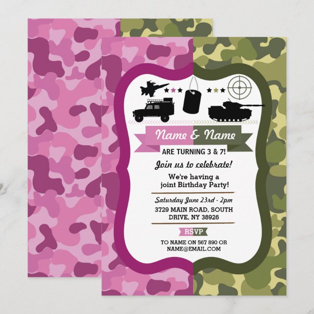 Army Pink & Green Girls & Boys Birthday Party Invitation (Front/Back)