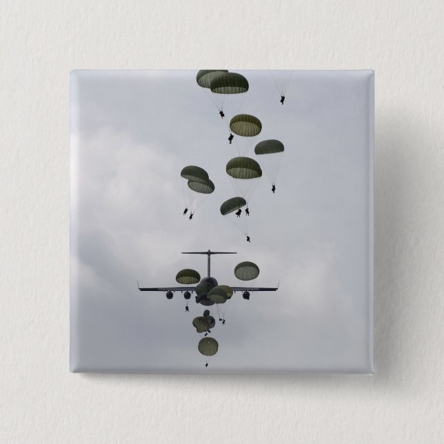 Army Soldiers jump out of a C-17 Globemaster II 15 Cm Square Badge (Front)
