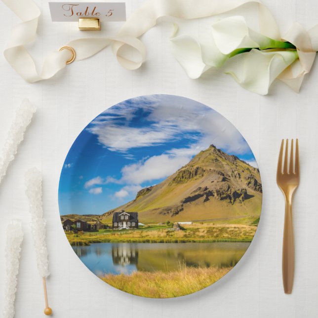 Arnarstapi Amtmansshus And Mount Stapafell, Icelan Paper Plate (Wedding)