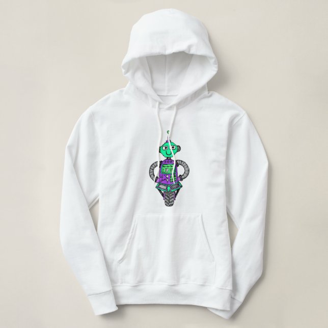 Arnie robot, purple and green hoodie (Design Front)