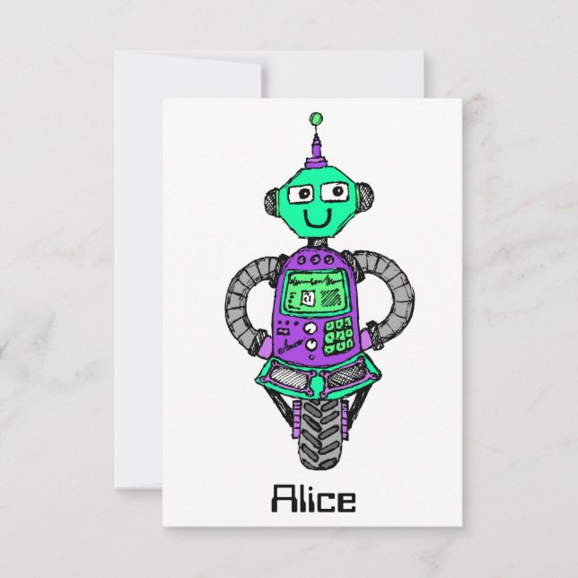 Arnie robot, purple and green invitation (Front)